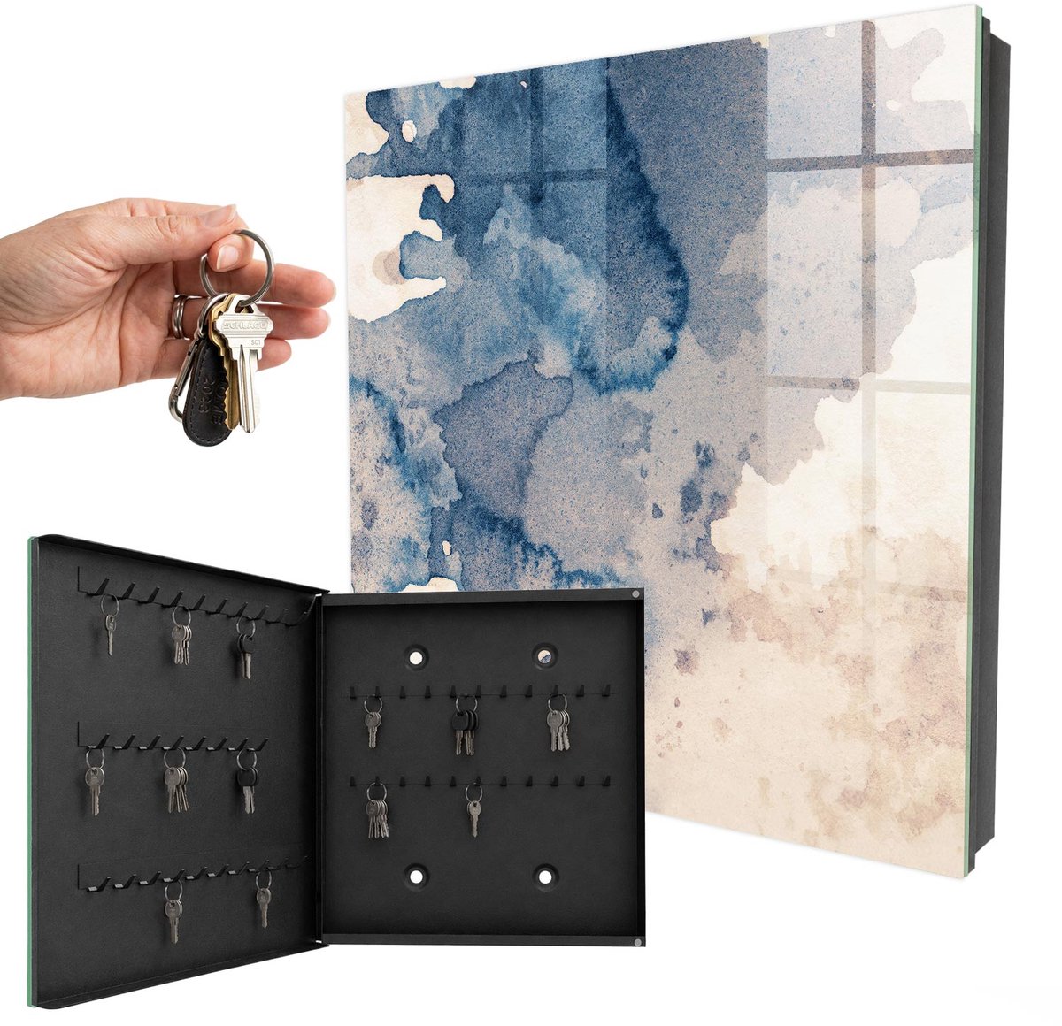 WallMuralia - Sleutelkast - 30x30x5 cm - met 50 haken - Aquarelvlekken Sleutelkastje Klein - Blauw Sleutelbox - Linksopenend - Zwart interieur