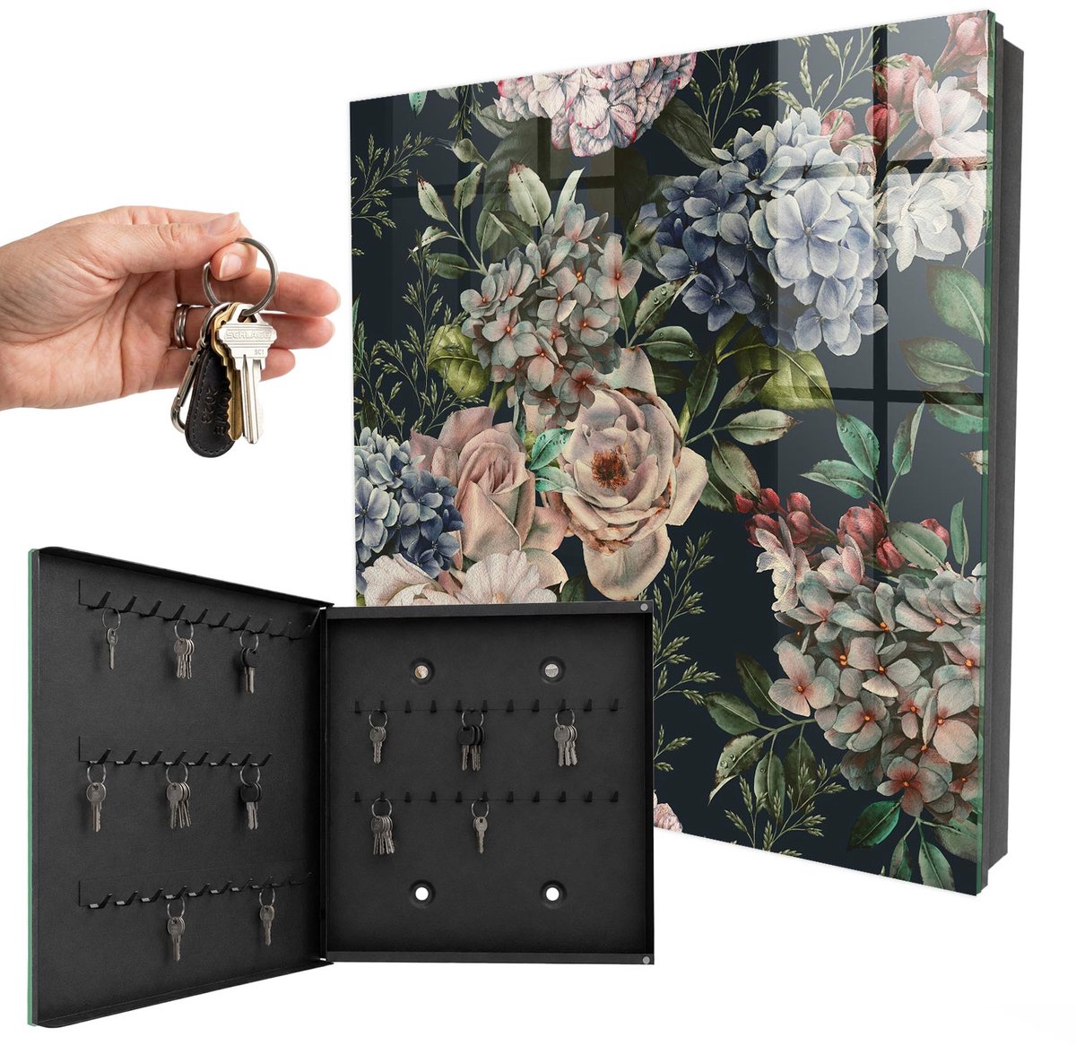 WallMuralia - Sleutelkast - 30x30x5 cm - met 50 haken - Bloemenpatroon Sleutelkastje Voor Binnen - Groente Sleutelbox - Linksopenend - Zwart interieur