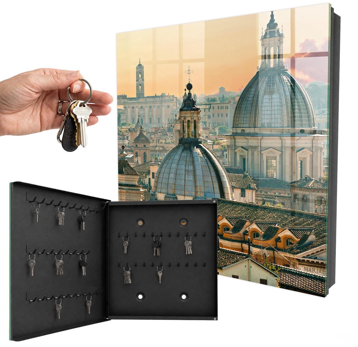 WallMuralia - Sleutelkast - 30x30x5 cm - met 50 haken - Stadspanorama Sleutelkastje Gang - Beige Sleutelbox - Linksopenend - Zwart interieur