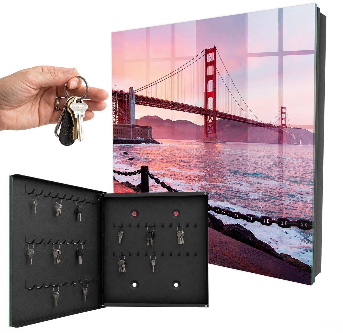 WallMuralia - Sleutelkast - 30x30x5 cm - met 50 haken - Stadsbrug Sleutelkastje Binnen - Roze Sleutelbox - Linksopenend - Zwart interieur