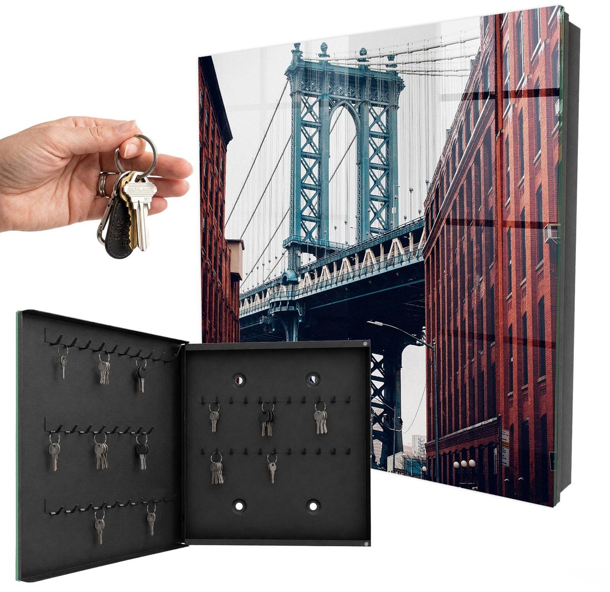 WallMuralia - Sleutelkast - 30x30x5 cm - met 50 haken - Stadsbrug Sleutelkastje Muur - Rood Sleutelbox - Linksopenend - Zwart interieur