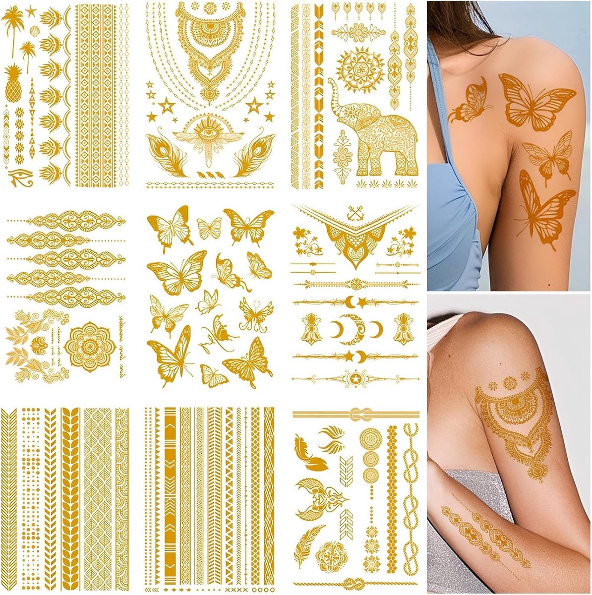 Tijdelijke tatoeages, metallic voor dames en meisjes, festivalaccessoires, waterdicht, plaktatoeages voor volwassenen, voor feest en strand, henna design, gouden tattooset