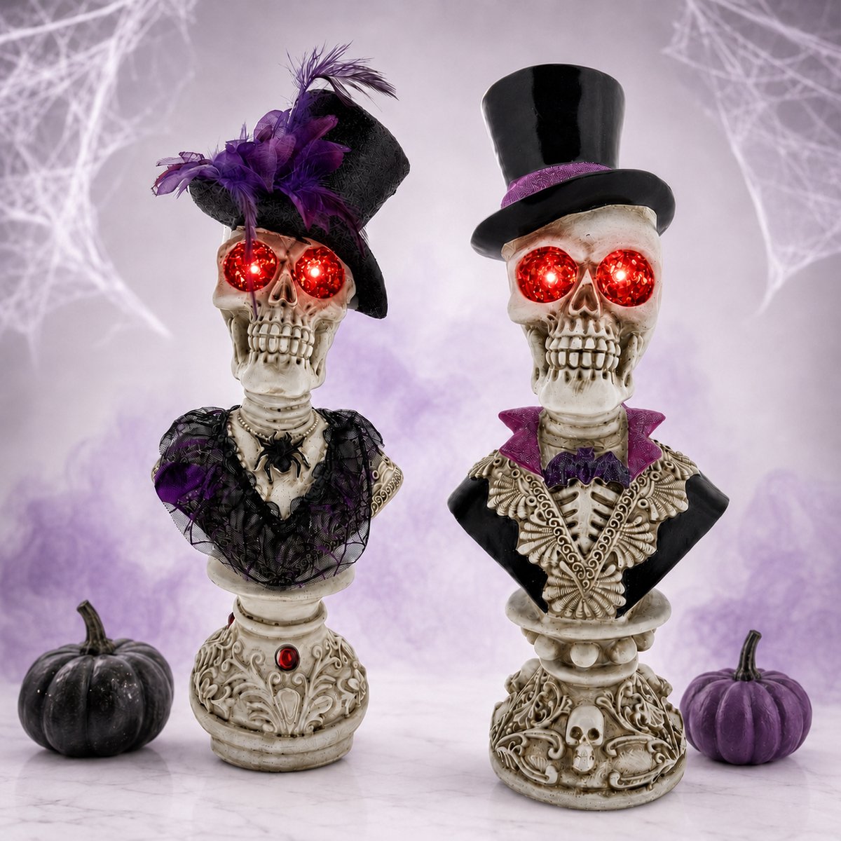 Benza – Halloween Skeletbustes met Rode LED-Ogen – Set van 2 – Skelet Man en Vrouw – Polyresin – 42 cm