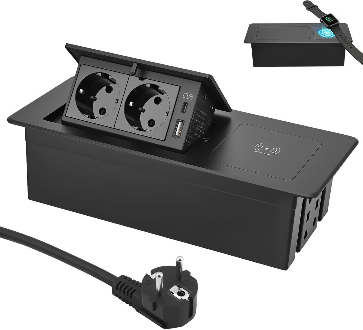stekkerdoos voor het bureau, uitklapbare stekkerdoos met 20 W QC3.0 USB-A+C en 15 W Qi-draadloos opladen (voor telefoon/horloge/hoofdtelefoon), pop-up-schakelaar, 1,8 m, 16 AWG-kabel, zwart