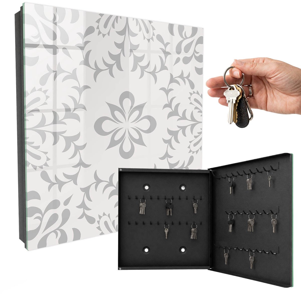 WallMuralia - Sleutelkast - 30x30x5 cm - met 50 haken - Elegante Symmetrie Sleutelkastje - Grijs Sleutelbox - Rechtsopenend - Zwart interieur