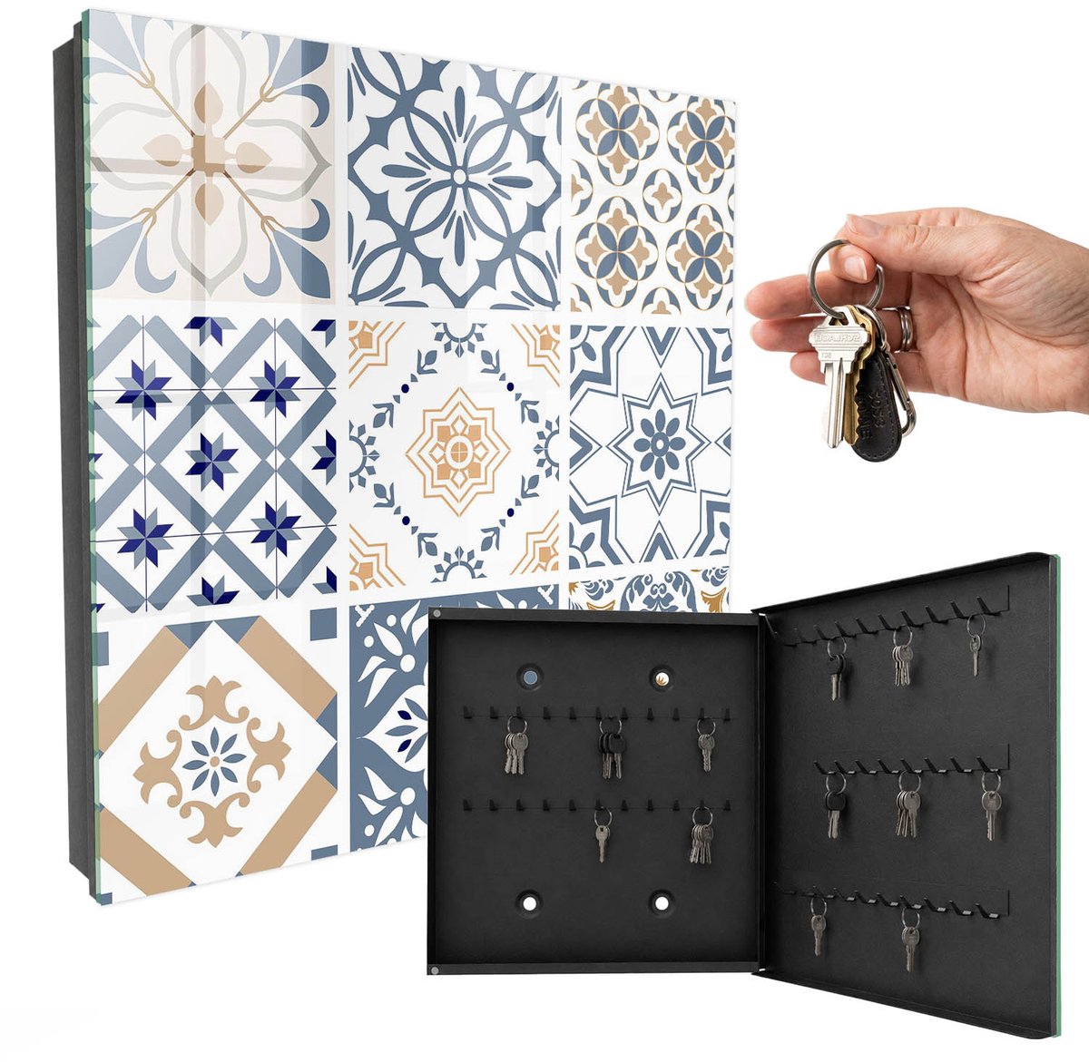 WallMuralia - Sleutelkast - 30x30x5 cm - met 50 haken - Tegelpatronen Sleutelkastje Modern - Blauw Sleutelbox - Rechtsopenend - Zwart interieur