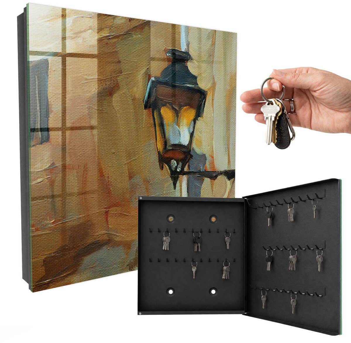 WallMuralia - Sleutelkast - 30x30x5 cm - met 50 haken - Retro Lamp Sleutelkastje Industrieel - Beige Sleutelbox - Rechtsopenend - Zwart interieur