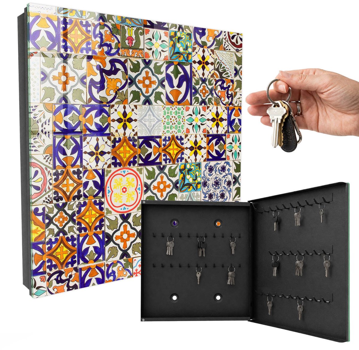 WallMuralia - Sleutelkast - 30x30x5 cm - met 50 haken - Kleurrijke Tegels Sleutelkastje Hal - Blauw Sleutelbox - Rechtsopenend - Zwart interieur