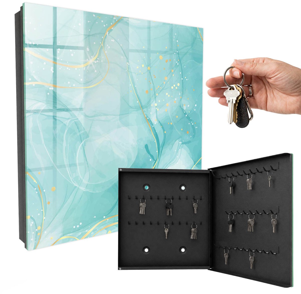 WallMuralia - Sleutelkast - 30x30x5 cm - met 50 haken - Turquoise Elegantie Sleutelkastje Modern - Turkoois Sleutelbox - Rechtsopenend - Zwart interieur