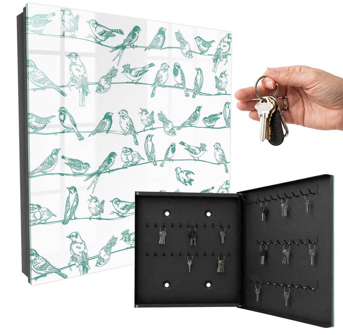 WallMuralia - Sleutelkast - 30x30x5 cm - met 50 haken - Vogels Op De Takken Sleutelkastje - Wit Sleutelbox - Rechtsopenend - Zwart interieur