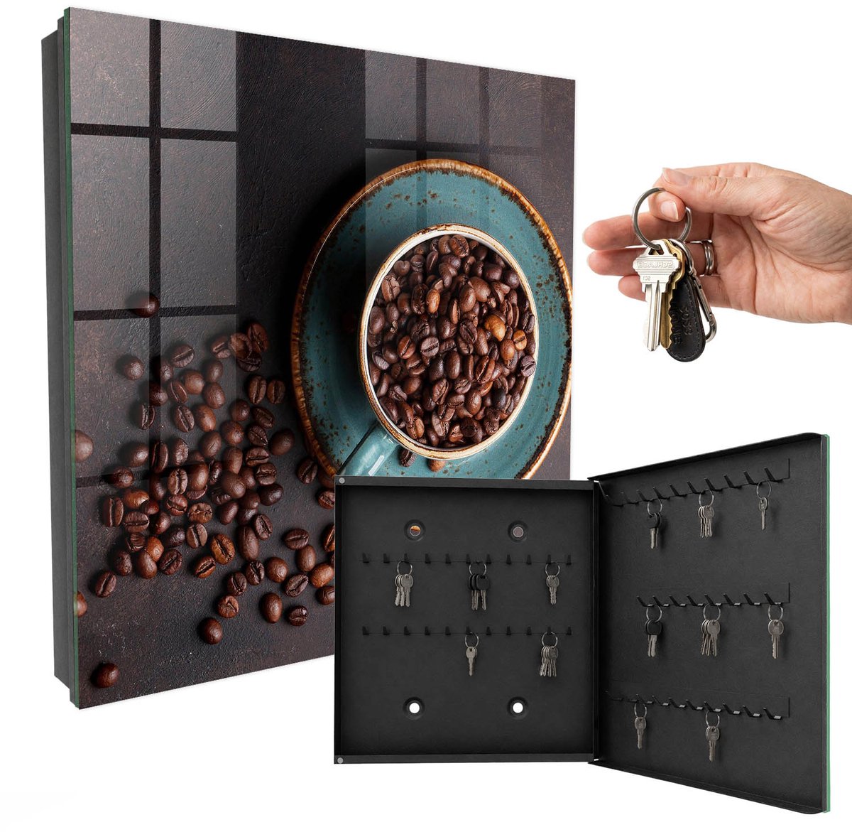 WallMuralia - Sleutelkast - 30x30x5 cm - met 50 haken - Koffiebonen Sleutelkastje Huis - Bruin Sleutelbox - Rechtsopenend - Zwart interieur
