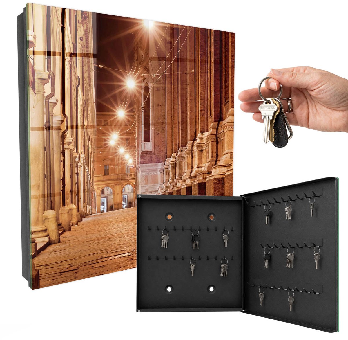 WallMuralia - Sleutelkast - 30x30x5 cm - met 50 haken - Stadsnacht Sleutelkastje - Oranje Sleutelbox - Rechtsopenend - Zwart interieur