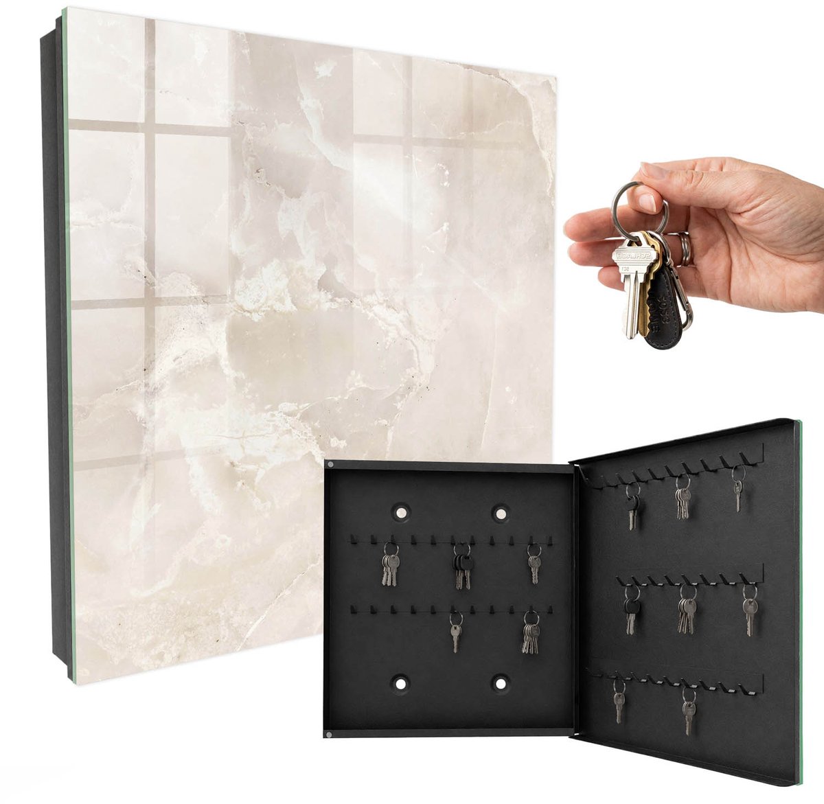 WallMuralia - Sleutelkast - 30x30x5 cm - met 50 haken - Marmeren Elegantie Sleutelkastje Modern - Beige Sleutelbox - Rechtsopenend - Zwart interieur