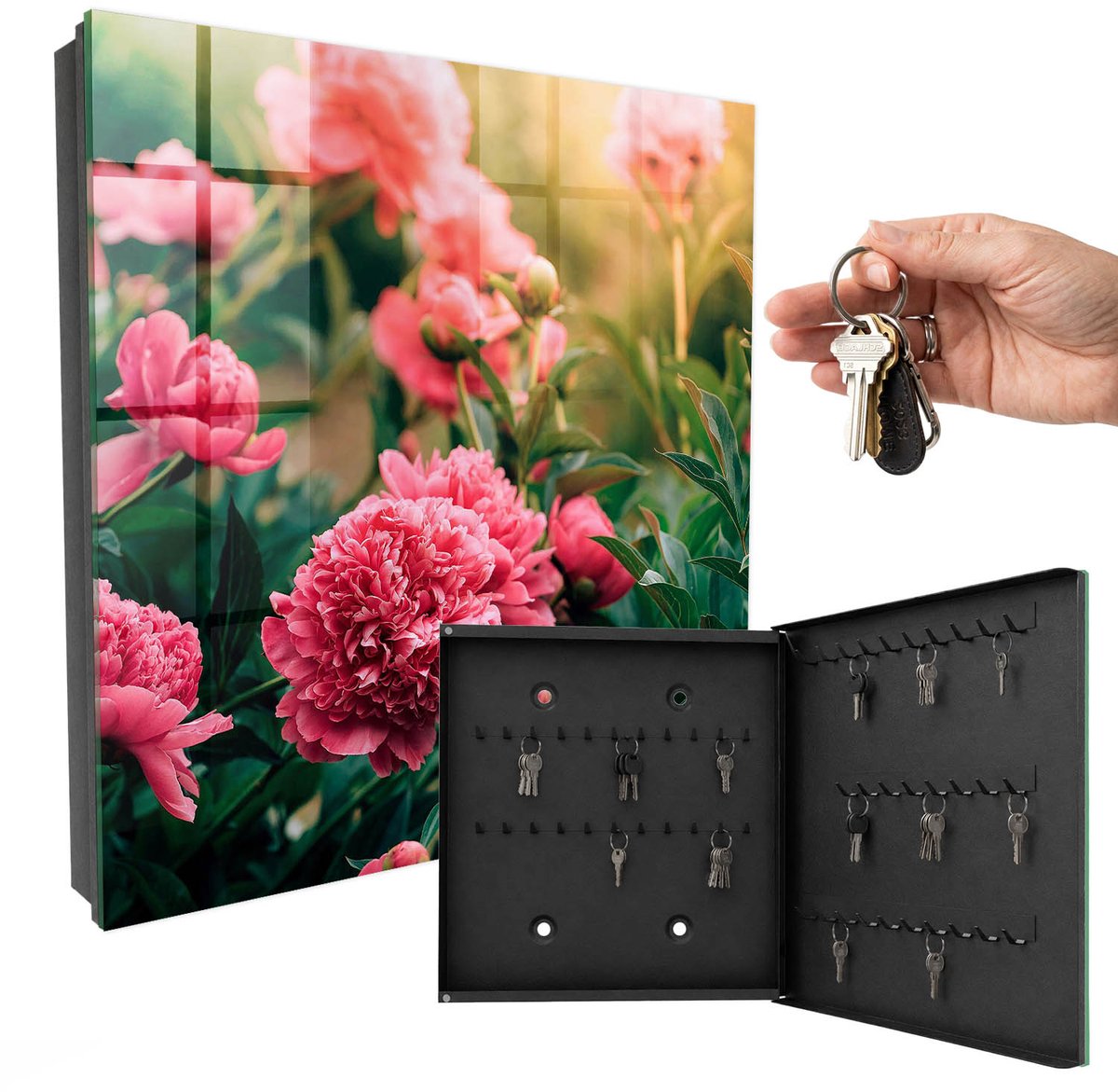 WallMuralia - Sleutelkast - 30x30x5 cm - met 50 haken - Roze Pioenrozen Sleutelkastje Landelijk - Roze Sleutelbox - Rechtsopenend - Zwart interieur