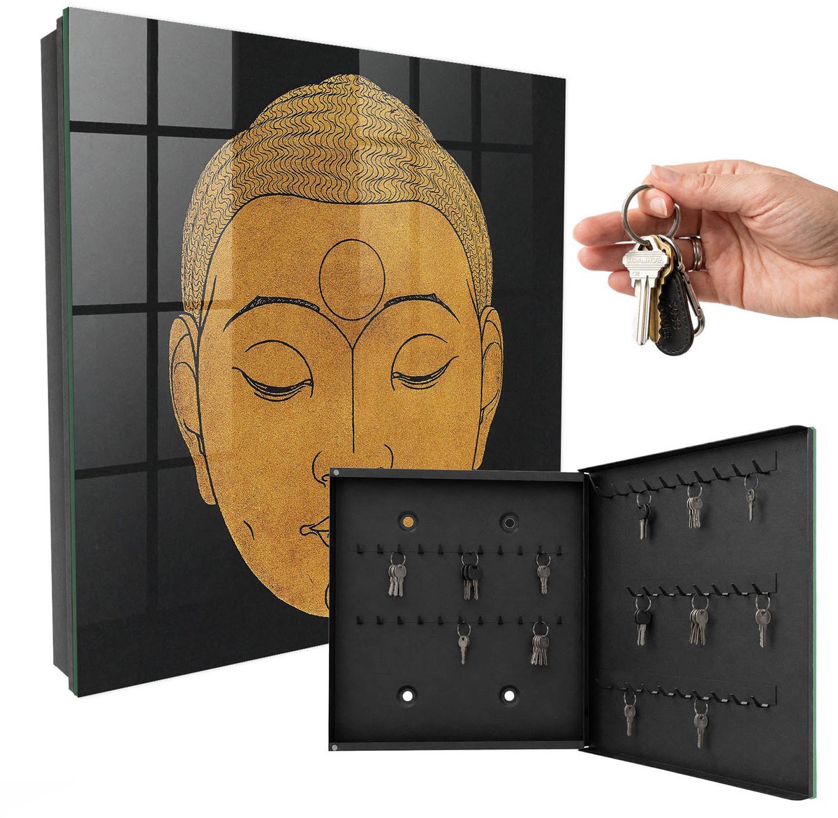 WallMuralia - Sleutelkast - 30x30x5 cm - met 50 haken - Stille Meditatie Sleutelkastje Gang - Zwart Sleutelbox - Rechtsopenend - Zwart interieur