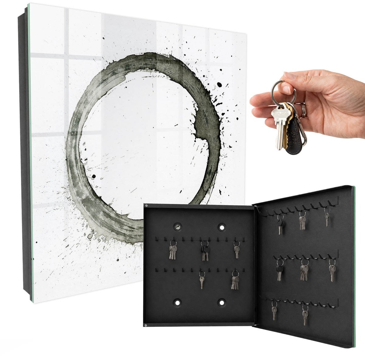 WallMuralia - Sleutelkast - 30x30x5 cm - met 50 haken - Zen-Cirkel Sleutelkastje Muur - Wit Sleutelbox - Rechtsopenend - Zwart interieur