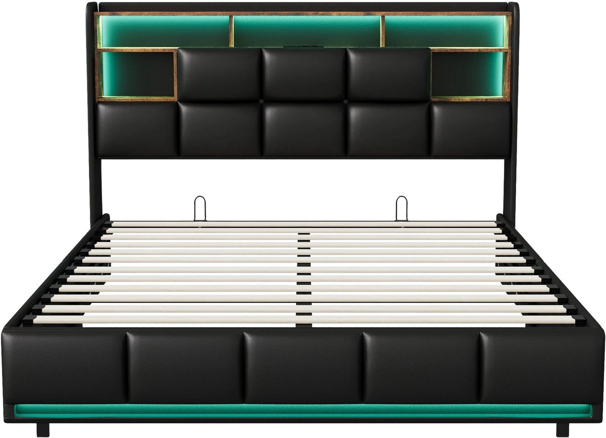 Happiq Gestoffeerd Tweepersoonsbed 140x190 cm Zwart - met Opbergruimte
