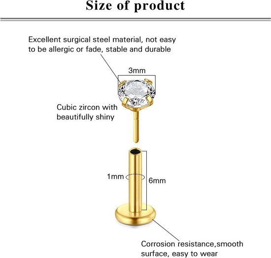 Studs Lip Bars Rvs 18G 20G 6/8mm Dunne Push in Trgaus Helix — afbeelding 4