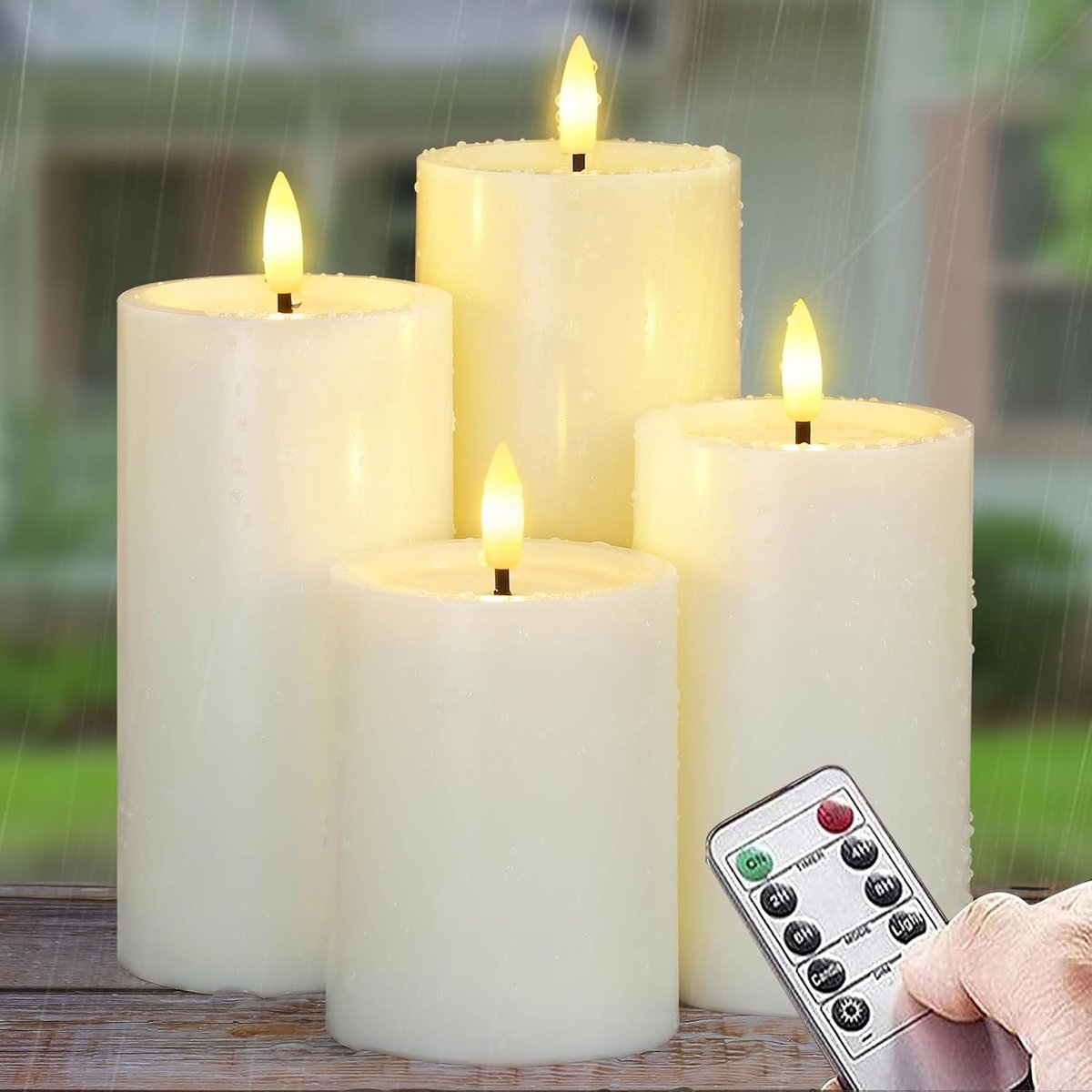 Buiten Set van 4 Vlamloze Waterdichte LED Kaarsen met Afstandsbediening, Timer Batterij Werkend Was Olie Effect Flikkerend Kunststof (Ivoor, 7,5 cm x10 12,5 15 17,5 cm)