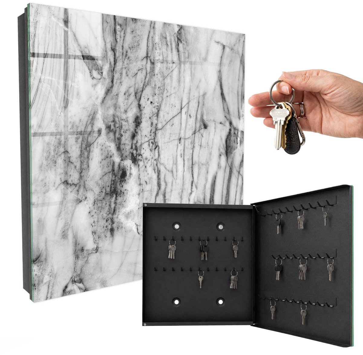 WallMuralia - Sleutelkast - 30x30x5 cm - met 50 haken - Marmeren Elegantie Sleutelkastje Huis - Zwart Sleutelbox - Rechtsopenend - Zwart interieur