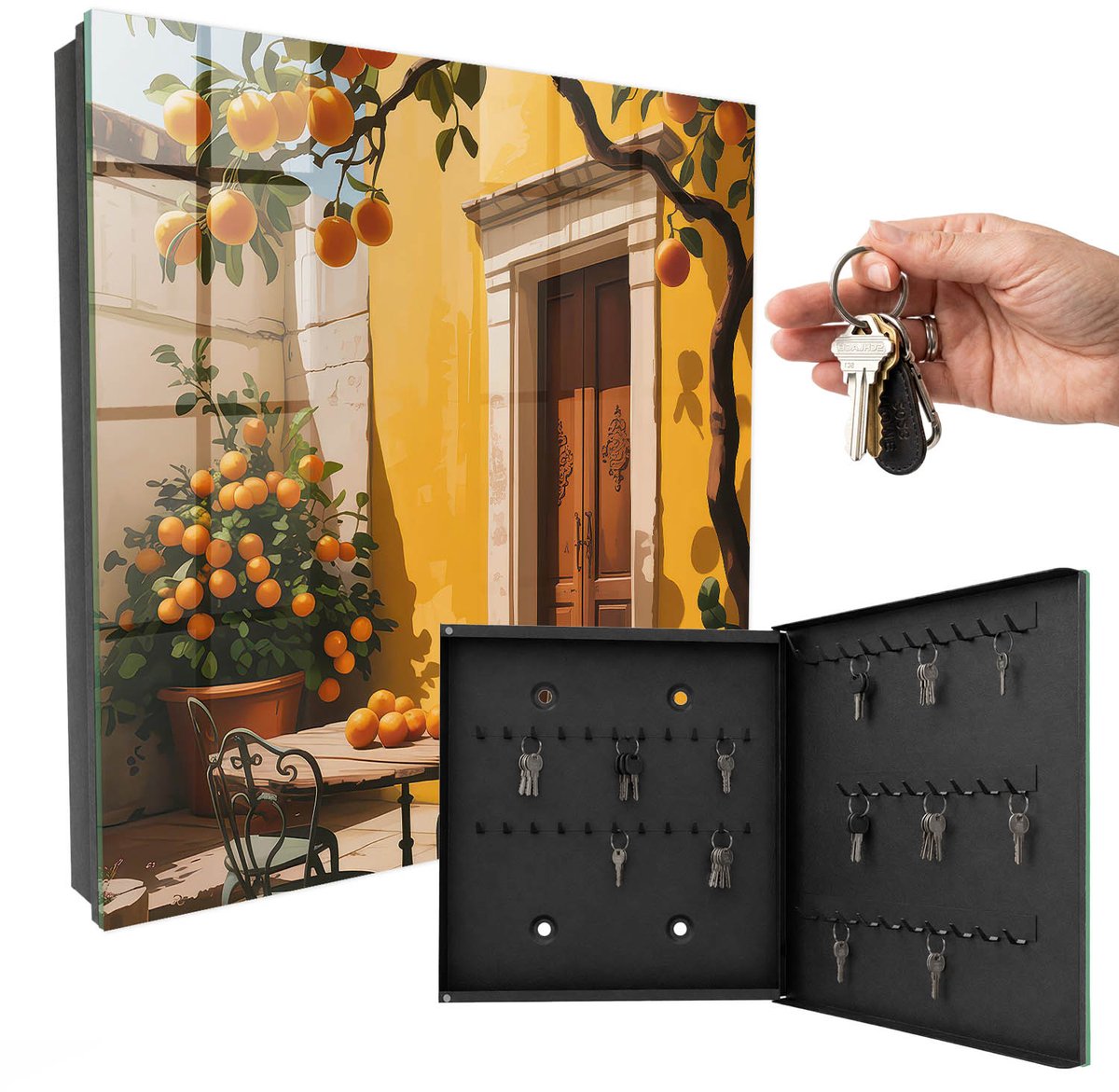 WallMuralia - Sleutelkast - 30x30x5 cm - met 50 haken - Oranje Terras Sleutelkastje Modern - Geel Sleutelbox - Rechtsopenend - Zwart interieur