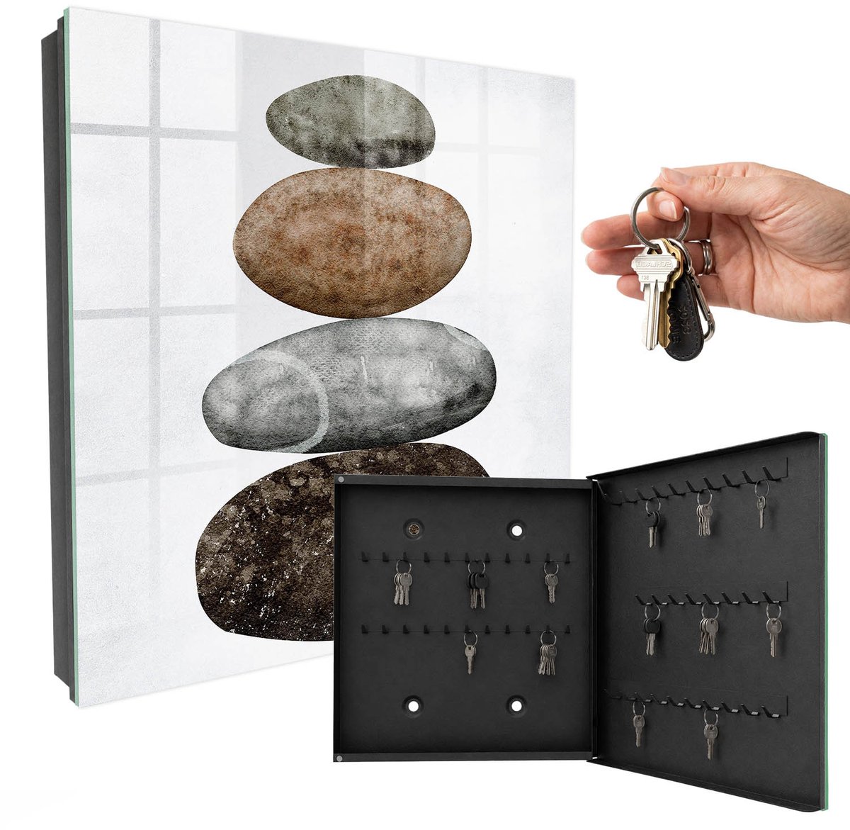 WallMuralia - Sleutelkast - 30x30x5 cm - met 50 haken - Set Stenen Sleutelkastje Design - Bruin Sleutelbox - Rechtsopenend - Zwart interieur