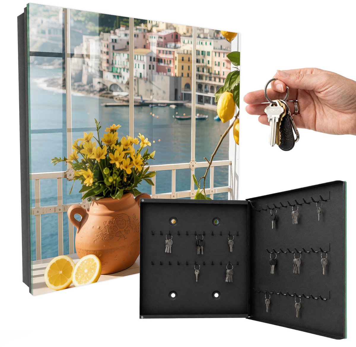 WallMuralia - Sleutelkast - 30x30x5 cm - met 50 haken - Vakantielandschap Sleutelkastje Binnen - Blauw Sleutelbox - Rechtsopenend - Zwart interieur