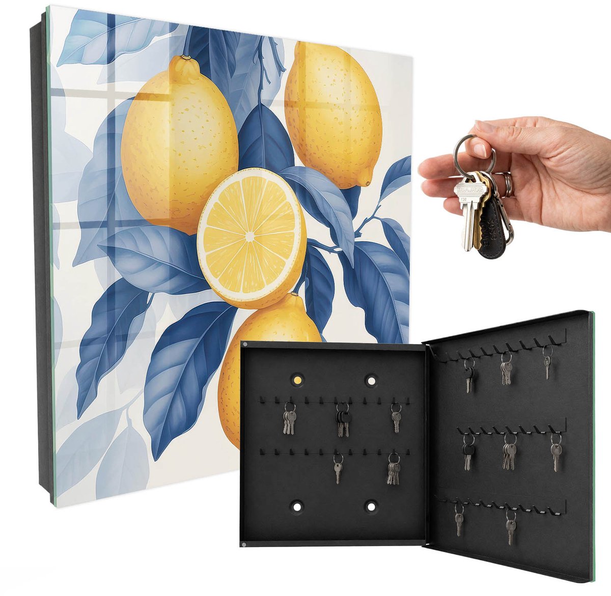 WallMuralia - Sleutelkast - 30x30x5 cm - met 50 haken - Citroen Charm Sleutelkastje Binnen - Geel Sleutelbox - Rechtsopenend - Zwart interieur