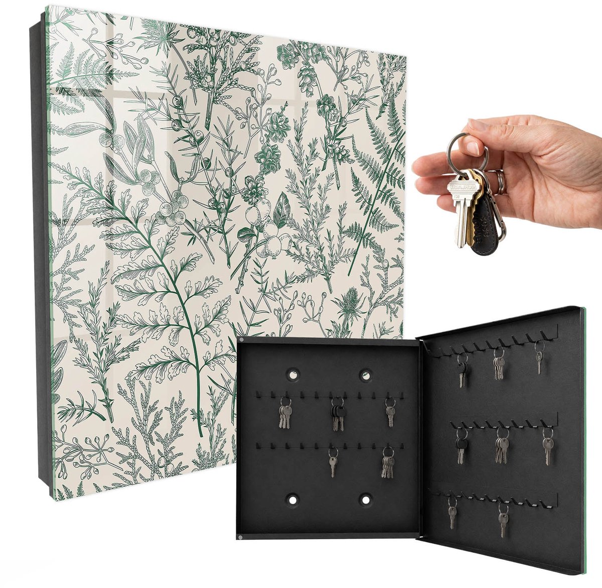 WallMuralia - Sleutelkast - 30x30x5 cm - met 50 haken - Plantmotieven Design Sleutelkastje - Romig Sleutelbox - Rechtsopenend - Zwart interieur