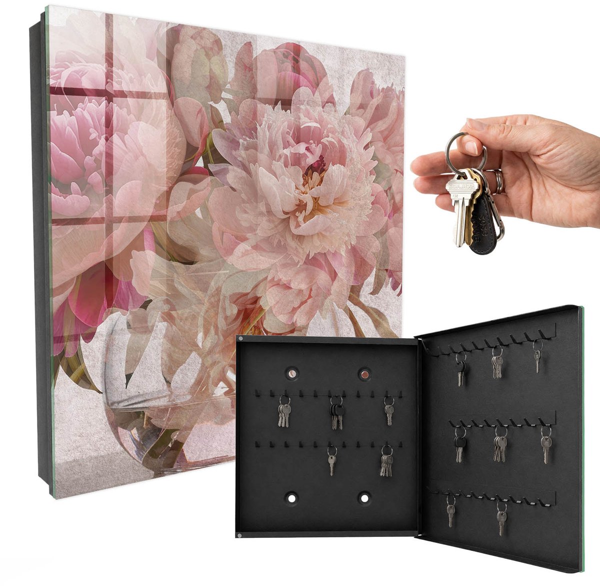WallMuralia - Sleutelkast - 30x30x5 cm - met 50 haken - Romantische Bloemen Sleutelkastje Landelijk - Roze Sleutelbox - Rechtsopenend - Zwart interieur