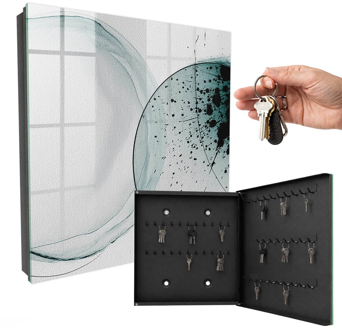 WallMuralia - Sleutelkast - 30x30x5 cm - met 50 haken - Elegante Abstractie Design Sleutelkastje - Grijs Sleutelbox - Rechtsopenend - Zwart interieur