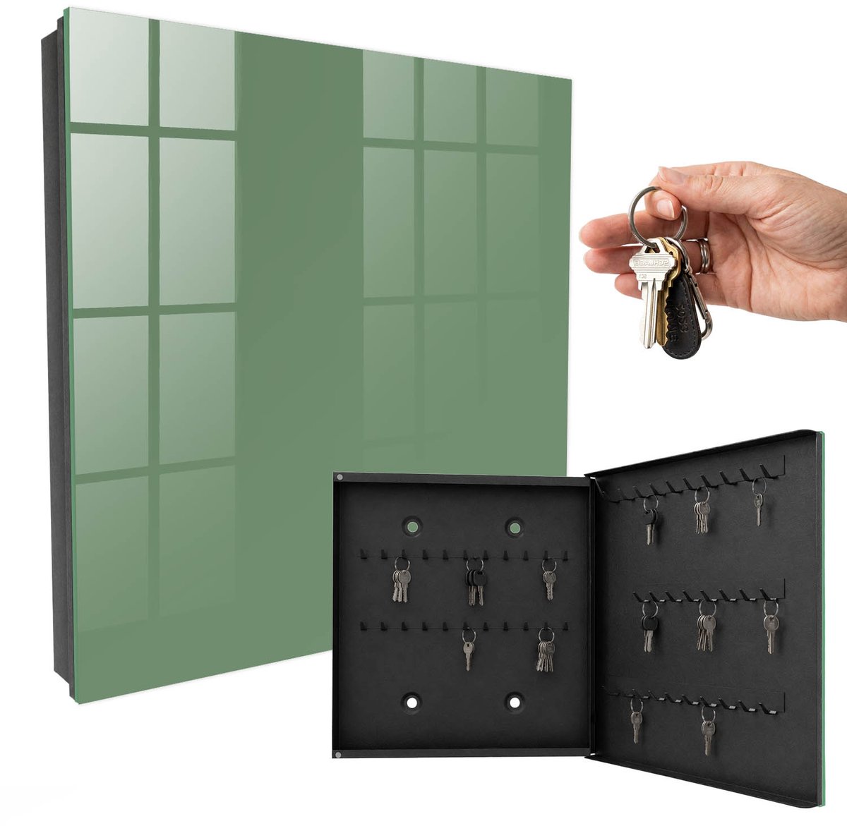 WallMuralia - Sleutelkast - 30x30x5 cm - met 50 haken - Gedempt Groen Sleutelkastje Klein - Groente Sleutelbox - Rechtsopenend - Zwart interieur
