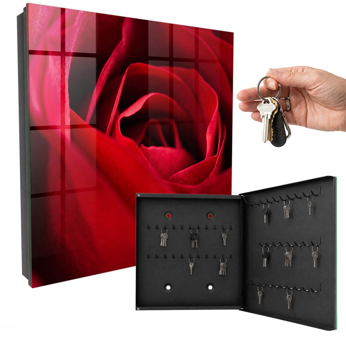 WallMuralia - Sleutelkast - 30x30x5 cm - met 50 haken - Roos Van Dichtbij Sleutelkastje Gang - Rood Sleutelbox - Rechtsopenend - Zwart interieur