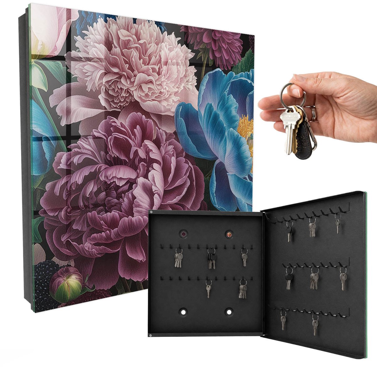 WallMuralia - Sleutelkast - 30x30x5 cm - met 50 haken - Kleurrijke Bloemen Sleutelkastje Hal - Roze Sleutelbox - Rechtsopenend - Zwart interieur