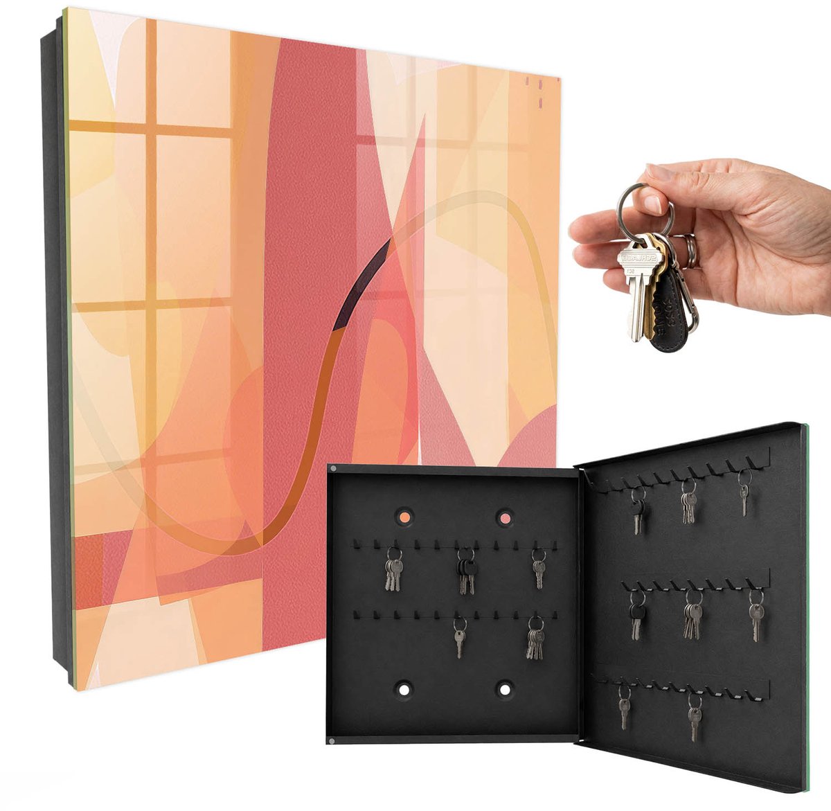 WallMuralia - Sleutelkast - 30x30x5 cm - met 50 haken - Kleurrijke Strikken Leuk Sleutelkastje - Geel Sleutelbox - Rechtsopenend - Zwart interieur