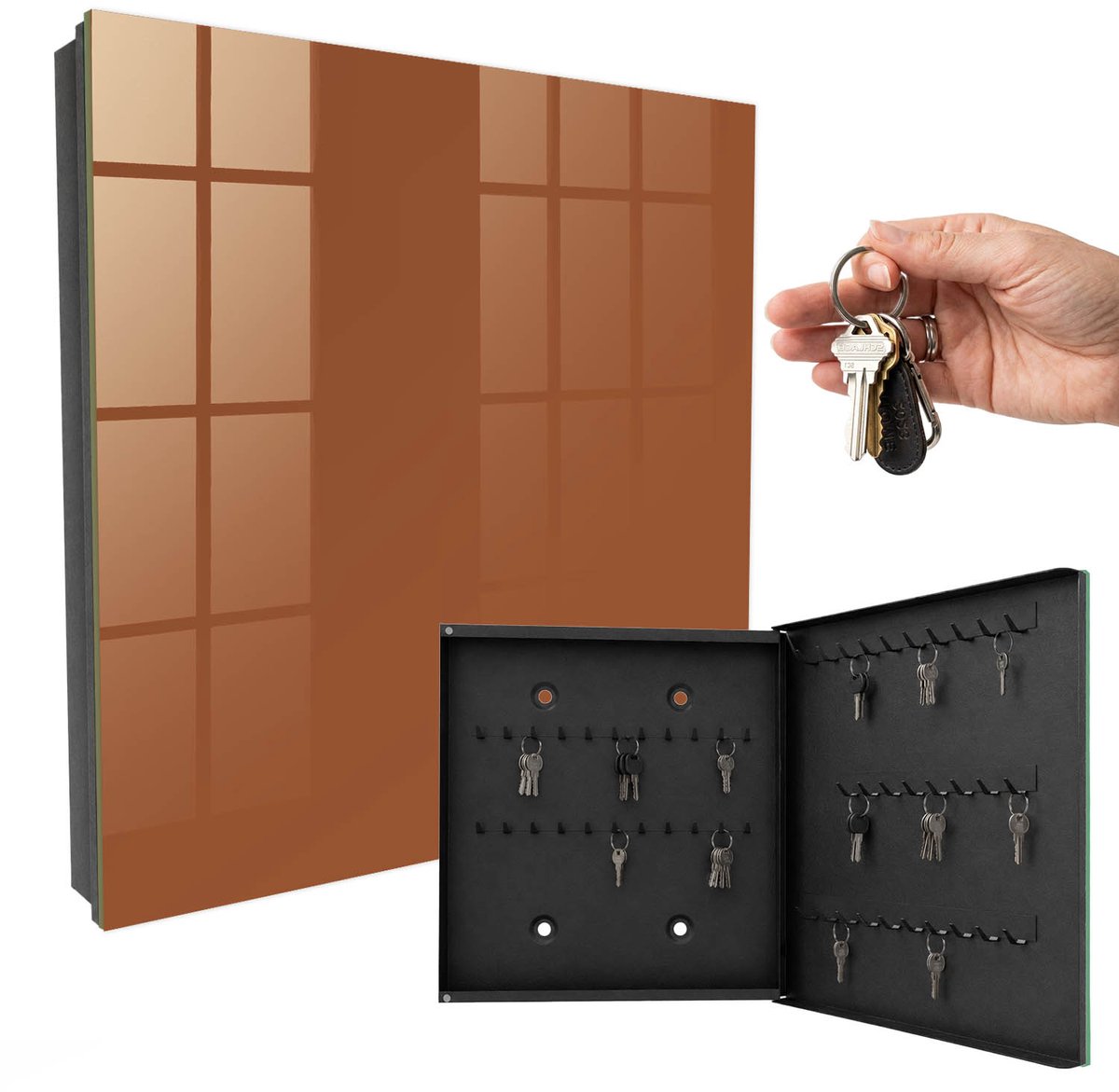 WallMuralia - Sleutelkast - 30x30x5 cm - met 50 haken - Donkeroranje Sleutelkastje Gang - Oranje Sleutelbox - Rechtsopenend - Zwart interieur