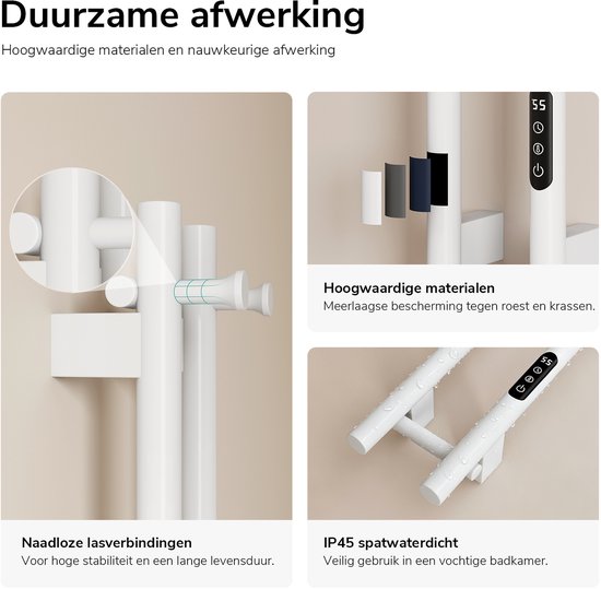 Wit, naadloos gelaste handdoekradiator met 4 lagen bescherming en IP45 spatwaterdichtheid.