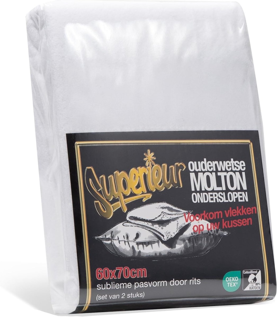 Molton Kussenslopen 60x70 cm - Set van 2 - Met Rits - 80% Katoen Terry 180 gsm - Hypoallergeen Wit