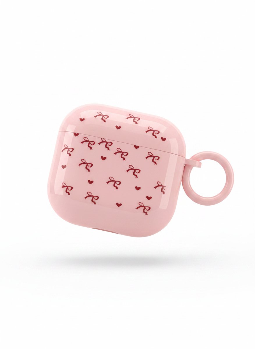 Enluxe Case geschikt voor Airpods 4 - Roze Strikjes en Hartjes Reliëf - Hoesje met Ring, Schokbestendig