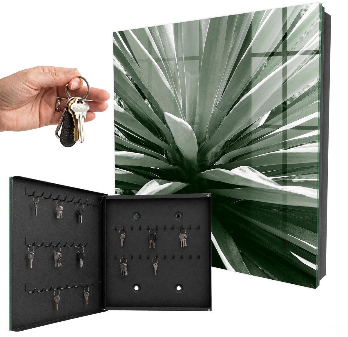 WallMuralia - Sleutelkast - 30x30x5 cm - met 50 haken - Agave Sleutelkastje Binnen - Zwart-Wit Sleutelbox - Linksopenend - Zwart interieur