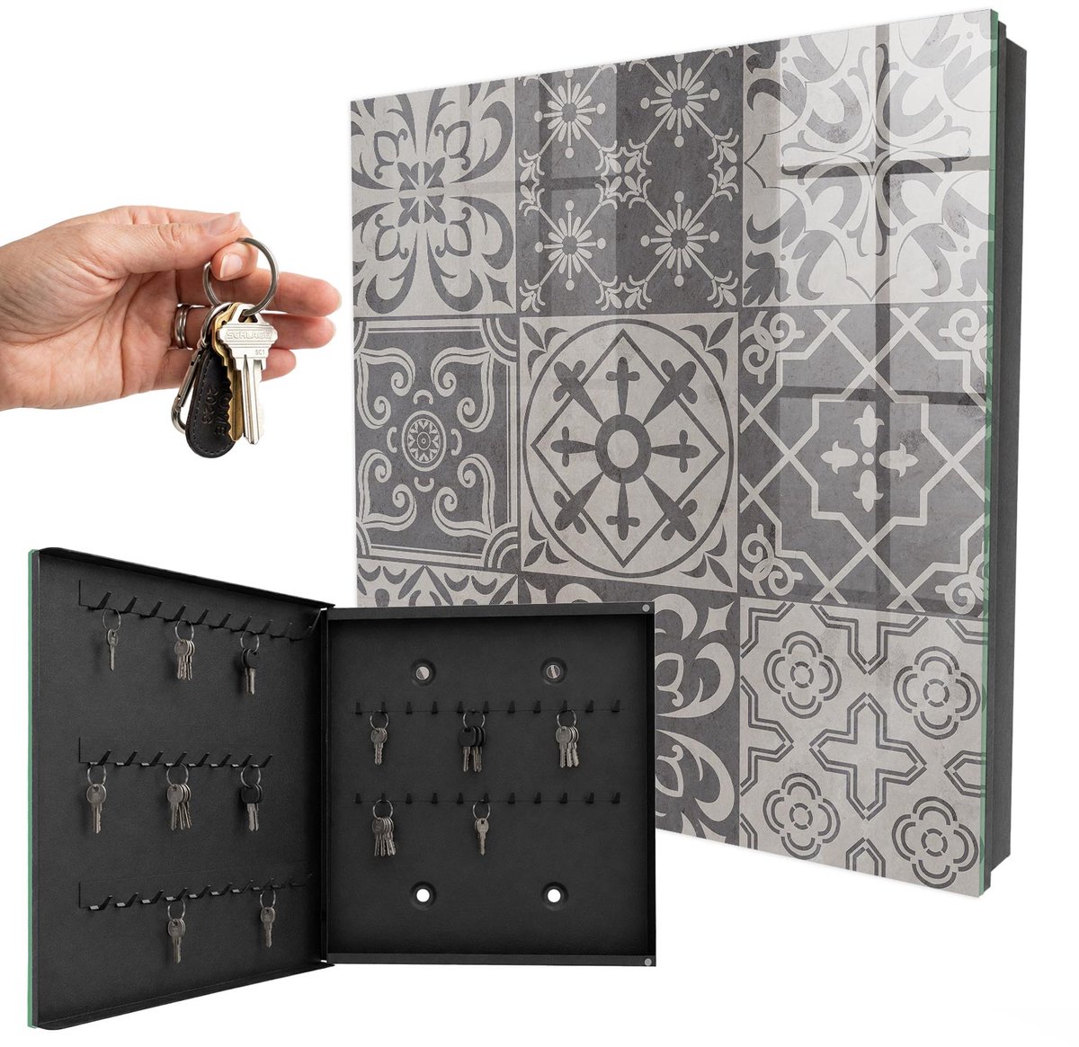 WallMuralia - Sleutelkast - 30x30x5 cm - met 50 haken - Mozaïek Van Patronen Sleutelkastje Modern - Grijs Sleutelbox - Linksopenend - Zwart interieur