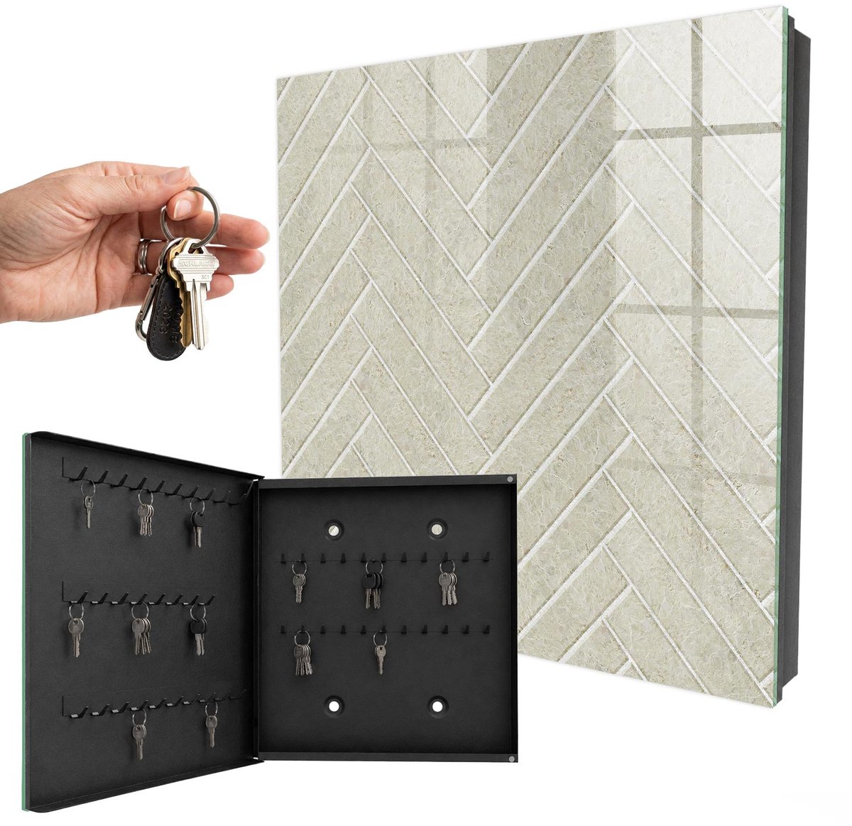 WallMuralia - Sleutelkast - 30x30x5 cm - met 50 haken - Beige Visgraatmotief Sleutelkastje Klein - Beige Sleutelbox - Linksopenend - Zwart interieur
