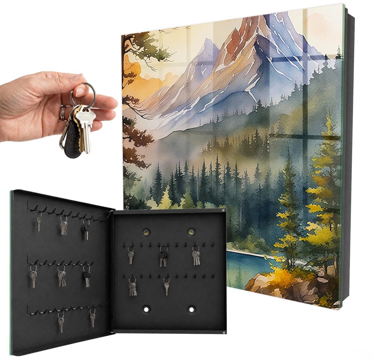 WallMuralia - Sleutelkast - 30x30x5 cm - met 50 haken - Berglandschap Sleutelkastje Modern - Groente Sleutelbox - Linksopenend - Zwart interieur