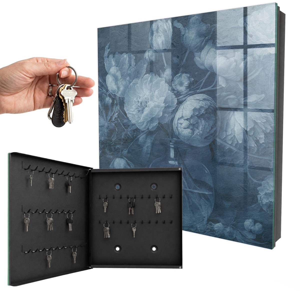 WallMuralia - Sleutelkast - 30x30x5 cm - met 50 haken - Bloemen In Een Vaas Leuk Sleutelkastje - Blauw Sleutelbox - Linksopenend - Zwart interieur