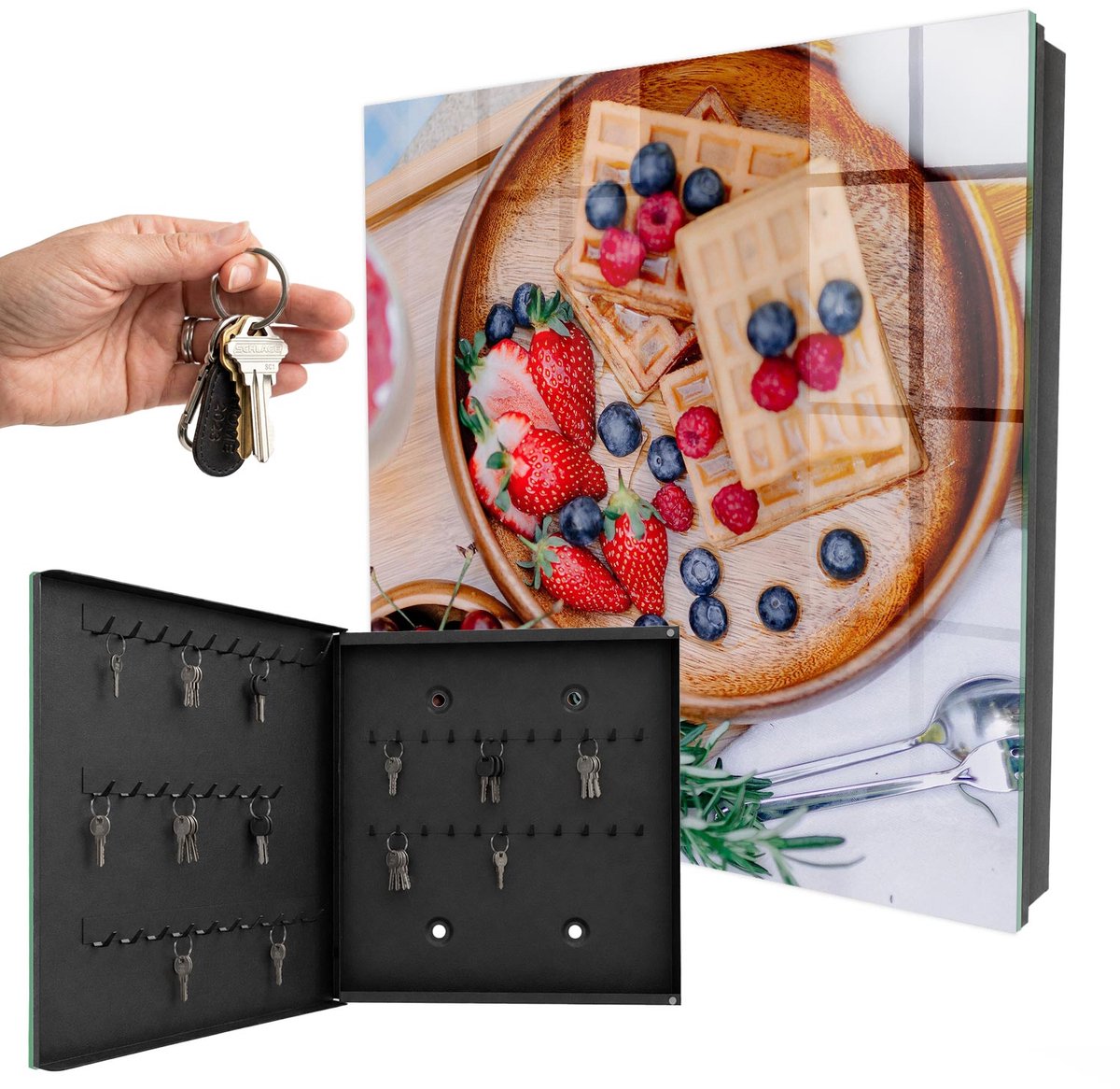 WallMuralia - Sleutelkast - 30x30x5 cm - met 50 haken - Fruitontbijt Sleutelkastje Design - Bruin Sleutelbox - Linksopenend - Zwart interieur