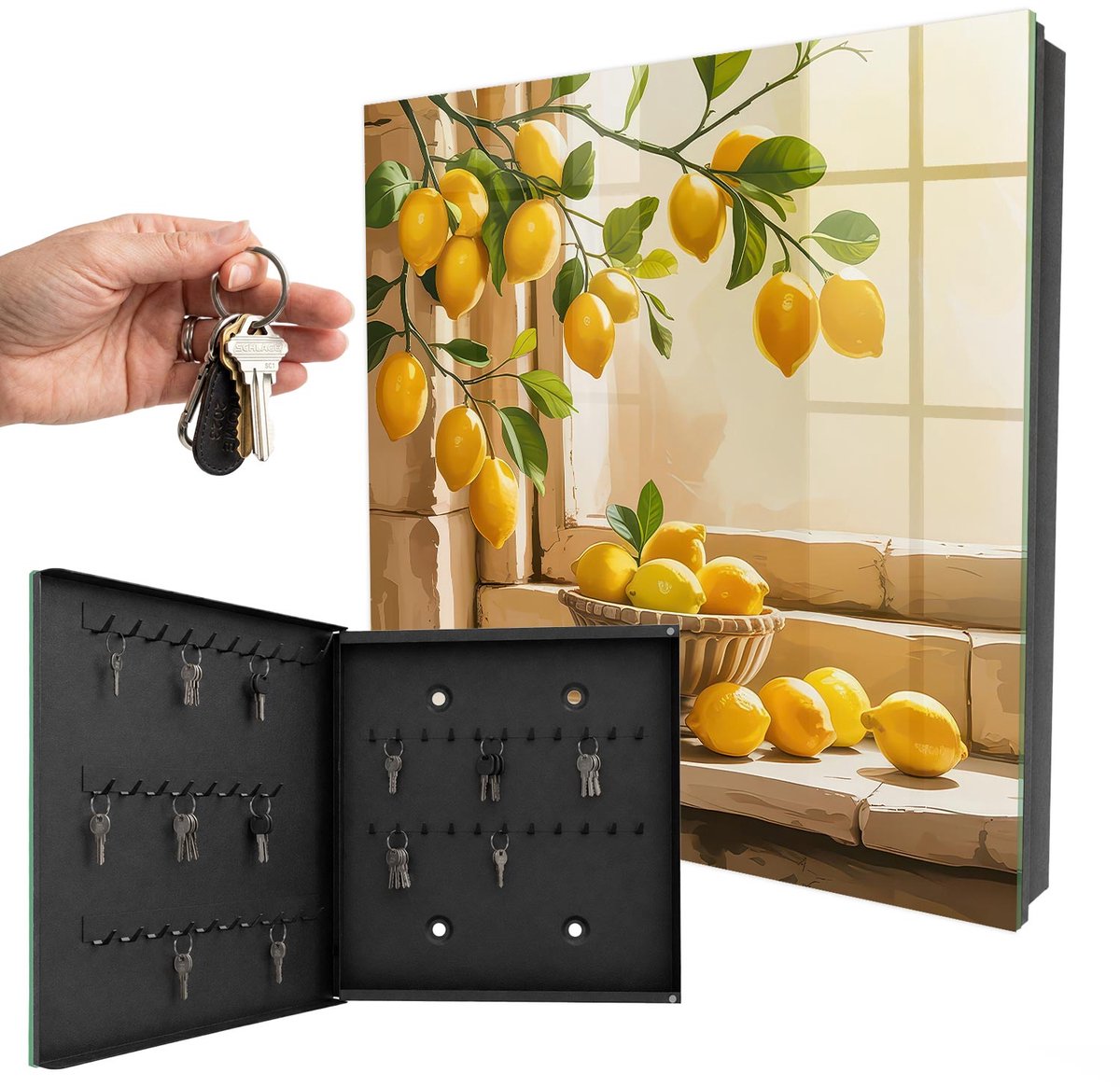 WallMuralia - Sleutelkast - 30x30x5 cm - met 50 haken - Frisse Citroen Sleutelkastje Gang - Geel Sleutelbox - Linksopenend - Zwart interieur