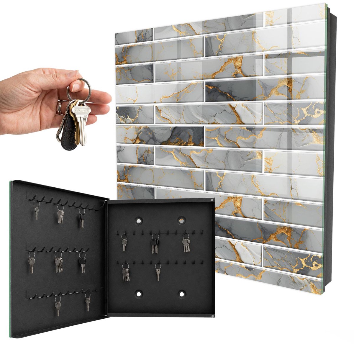 WallMuralia - Sleutelkast - 30x30x5 cm - met 50 haken - Moderne Elegantie Sleutelkastje Hal - Grijs Sleutelbox - Linksopenend - Zwart interieur