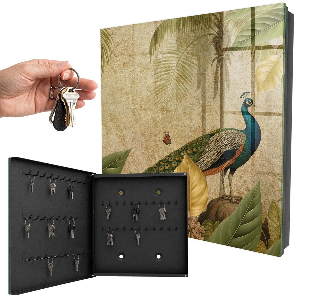 WallMuralia - Sleutelkast - 30x30x5 cm - met 50 haken - Exotisch Landschap Sleutelkastje Huis - Beige Sleutelbox - Linksopenend - Zwart interieur