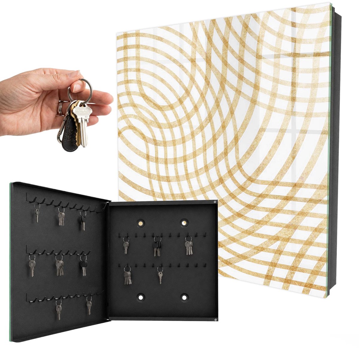 WallMuralia - Sleutelkast - 30x30x5 cm - met 50 haken - Krullende Lijnen Sleutelkastje Klein - Geel Sleutelbox - Linksopenend - Zwart interieur