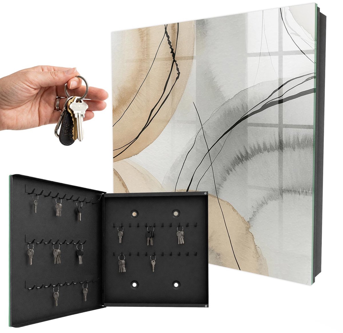 WallMuralia - Sleutelkast - 30x30x5 cm - met 50 haken - Rustgevende Elegantie Sleutelkastje Design - Beige Sleutelbox - Linksopenend - Zwart interieur
